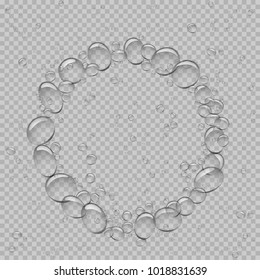 Water bubbles circle template on gray transparent background. Beautiful fresh aqua bubble round shape natural drops backdrop.