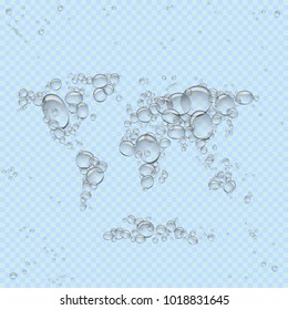 Water bubbles drops world map on blue transparent background. Earth from wet droplets