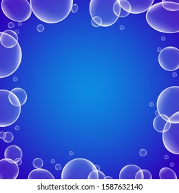 Water bubbles frame on blue background
