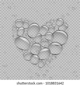 Water bubbles heart template on gray transparent background. Beautiful fresh aqua bubble love shape natural drops backdrop.