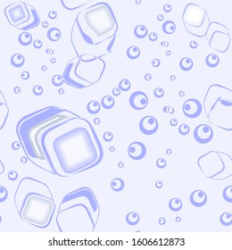Water with bubbles and ice cubes for sparkling cocktails vector seamless background pattern. Water with bubbles background. Sparkling water soda pop seltzer illustration. Flat illustration of drinks. 