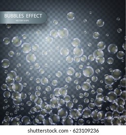 Water bubbles isolated on a transparent checkered background. Underwater effervescent sparkling oxygen bubbles in water. Vector realistic effect template 10 eps.