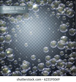 Water bubbles isolated on a transparent checkered background. Underwater effervescent sparkling oxygen bubbles in water. Iridescent soap bubbles with reflex and reflection, realistic vector effect.