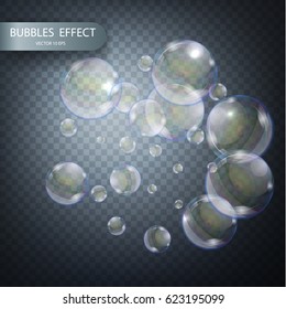 Water bubbles isolated on a transparent checkered background. Fizzy trace falling down in water on transparent background.