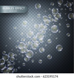 Water bubbles isolated on a transparent checkered background. Fizzy sparkles in aquarium, champagne, soda drink. Iridescent soap bubbles with reflex and reflection, realistic vector effect