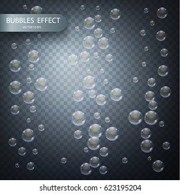 Water bubbles isolated on a transparent checkered background. Underwater effervescent sparkling oxygen bubbles in water. Streams with air bubbles. Vector realistic effect template
