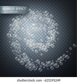 Water bubbles isolated on a transparent checkered background. Underwater sparkling oxygen fizzy sparkles in spiral vector effect. Iridescent soap bubbles with reflex and reflection.