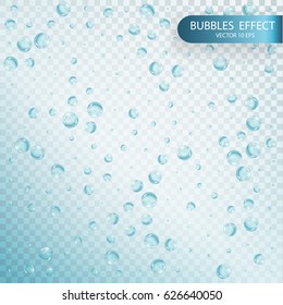 Water bubbles isolated on a transparent checkered background. Underwater effervescent sparkling oxygen bubbles in water. Vector realistic effect template 10 eps.