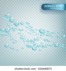  Water bubbles isolated on a transparent checkered background.  Bubbles with reflex and reflection, realistic vector effect. The flow of air bubbles in the water. 
