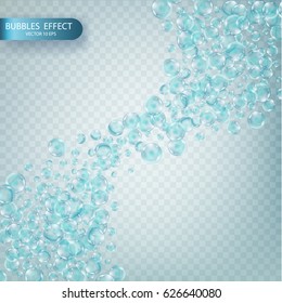 Water bubbles isolated on a transparent checkered background. Fizzy sparkles in aquarium, champagne, soda drink. Iridescent soap bubbles with reflex and reflection, realistic vector effect