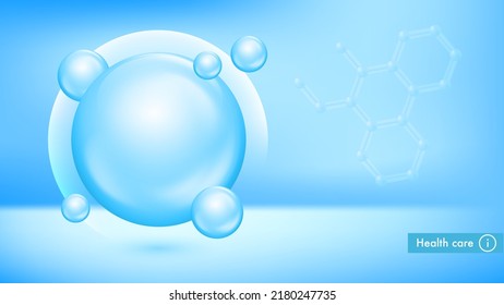 Water bubbles on blue background. Vitamin complex with chemical formula. Health care, medical nutrition. Medical and scientific concepts. 3d realistic vector EPS10