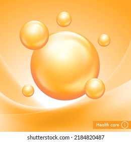 Water bubbles on orange background. Vitamin complex for beauty treatment nutrition skin care. Medical and scientific concept design. 3d realistic vector EPS10