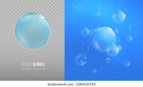 Water bubbles on transparent background vector illustration. A set of air bubbles under water of different sizes. Realistic light effect of fizzing soda and oxygen pattern