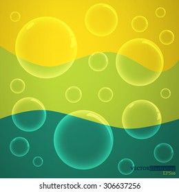 Water bubbles on the yellow and green colored background. Vector illustration. 