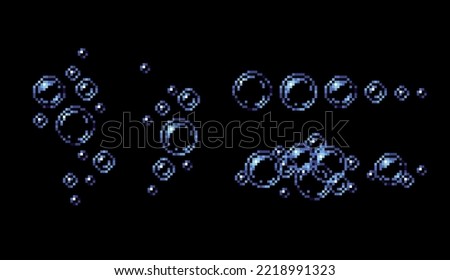 Water bubbles pixel art set. Soap bubbles, bubbling, foam collection. 8 bit sprite. Game development, mobile app.  Isolated vector illustration.