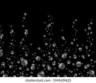 Water bubbles. Realistic raising air circles. Underwater effervescent oxygen template. Fizzing gas in liquid on black background. 3D flying soap foam spheres. Vector champagne or soda