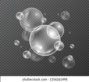 Water bubbles in realistic style set on transparent background. 3d vector.