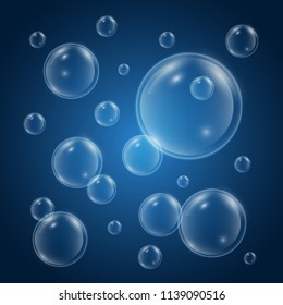 Water bubbles with reflection on blue background. Realistic underwater bubbles. 3d bubble. Fizzing air bubbles. Vector illustration.