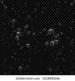 Water bubbles rise up in center on dark black transparent background. Beautiful fresh aqua bubble shape natural drops backdrop.