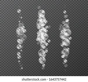 Burbujas de agua sobre fondo transparente. 3d vector realista. Oxígeno subacuático.