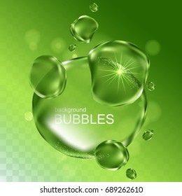 water bubbles with shining light, isolated light green background