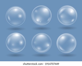 Wasserblasen. Transparente, realistische Seifenblasen. Shampoo, Schaum. Weißes, transparentes Glas oder Ball, glänzendes Blasenglanz.