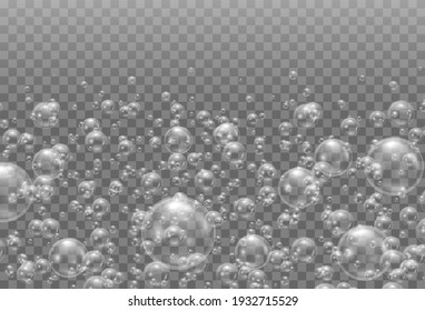 Water bubbles. Transparent, realistic soap bubbles. Shampoo, foam. White transparent glass sphere glass or ball, shiny bubble glossy.