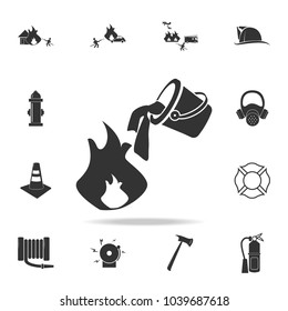 Water bucket extinguishing a fire icon. Detailed set icons of firefighter element icons. Premium quality graphic design. One of the collection icons for websites, web design on white background