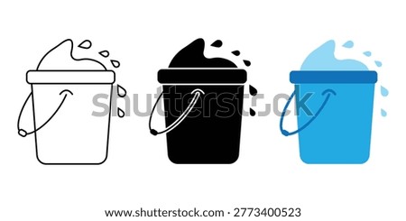 Water Bucket icon sheet multiple style collection. bucket icon set with water drop, cleaning pail symbols in outline, solid and colors styles.
