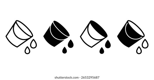 Ícones de balde de água derramando gotículas líquidas cor preta e branca vetor design ilustração linha simples