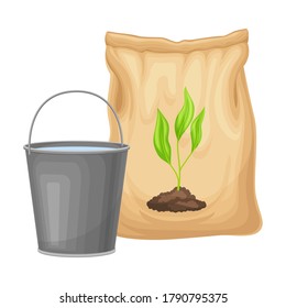 Water Bucket and Pack with Synthetic Fertilizer for Soil and Plant Growth Vector Illustration