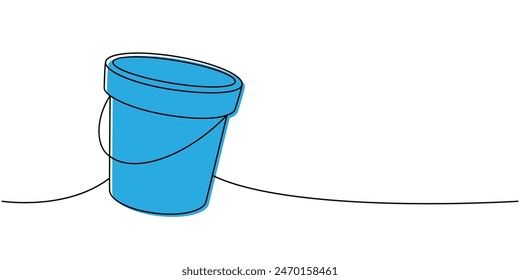 Water bucket, plastic basin, cleaning bowl one line colored continuous drawing. Cleaning service tools continuous one line illustration.