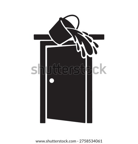 Water bucket prank over door with splashing liquid silhouette vector icon isolated on white background