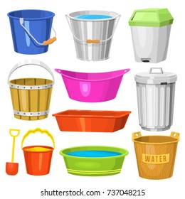 Water buckets handle container equipment household clean plastic empty domestic tool vector illustration