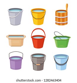 Water buckets set. Metal pail, empty and full plastic garden bucket. Trash bin container, wooden washing household bowl or can. Cartoon isolated vector illustration icons