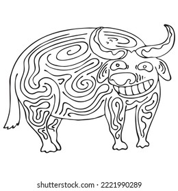 if the water buffalo is tattooed with a smile and seen from the side