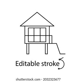 Water bungalow on stilt outline icon. Maldivian house. Exotic vacation. Tropical resort. Customizable linear contour symbol. Editable stroke. Isolated vector stock illustration