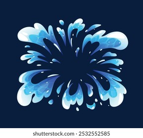 Water burst fx. Dynamic liquid splash flare effect, radial pop explosion effect and fresh fluid energy. Aquatic outburst isolated cartoon vector illustration.