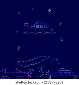 Water bus, pleasure boat gradient line vector icon, simple illustration on a dark blue background, city transport related bottom border.