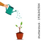 Water can in hand. Water for pour of tree and plant. Growth are seed in garden in spring. Pot with plant or flower. Hand holding can watering for grow of sprout. Flora, tool and sprinkle. Vector.