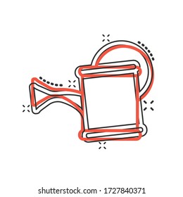 Water can icon in comic style. Irrigation garden cartoon vector illustration on white isolated background. Watering splash effect business concept.