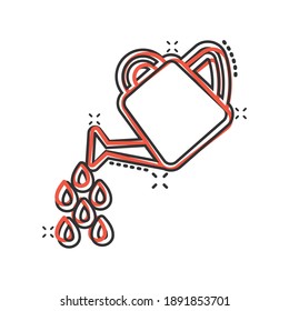 Water can icon in comic style. Irrigation garden cartoon vector illustration on white isolated background. Watering splash effect business concept.