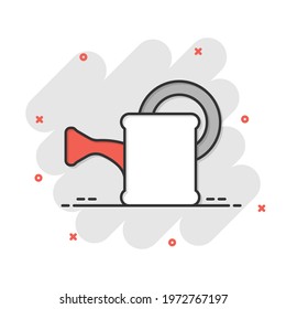 Water can icon in comic style. Irrigation garden cartoon vector illustration on white isolated background. Watering splash effect business concept.
