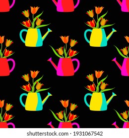 Water can with tulips illustrated
vectorgraphic, seamless pattern.