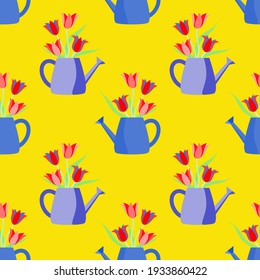 Water can with tulips illustrated
vectorgraphic, seamless pattern.