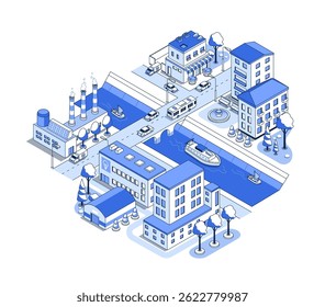 Water canal in the city - vector isometric illustration