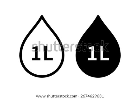 Water capacity icons set. Liquid volume symbol 1 liter. Water drop icon. Fluid volume. L sign. Scale for liquid or ingredient. Vector illustration isolated on white background.