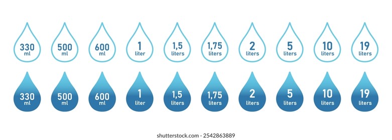 Símbolos de capacidade de água entre 330 mililitro e 19 litros. Uma gota de líquido com um valor. Medida de volume.  Ilustração vetorial