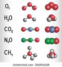 Water, carbon dioxide, methane, nitrous oxide, ozone molecule. Greenhouse gases. Chemical formula and molecule model. Vector illustration