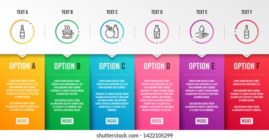 Water care, Water bottle and Apple icons simple set. Coffee cup, Beer bottle and Wine signs. Aqua drop, Soda drink. Food and drink set. Infographic template. 6 steps timeline. Business options. Vector